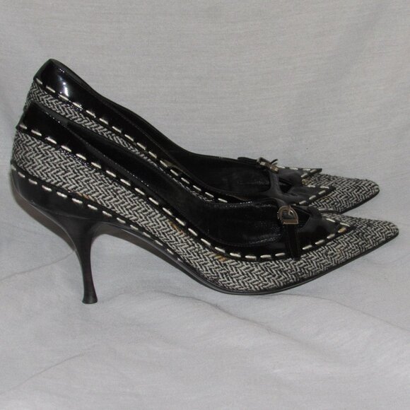 Vtg Casadei Italy Black Patent Leather Herringbone Buckle Pointed Toe Heels 8.5 - Picture 1 of 6